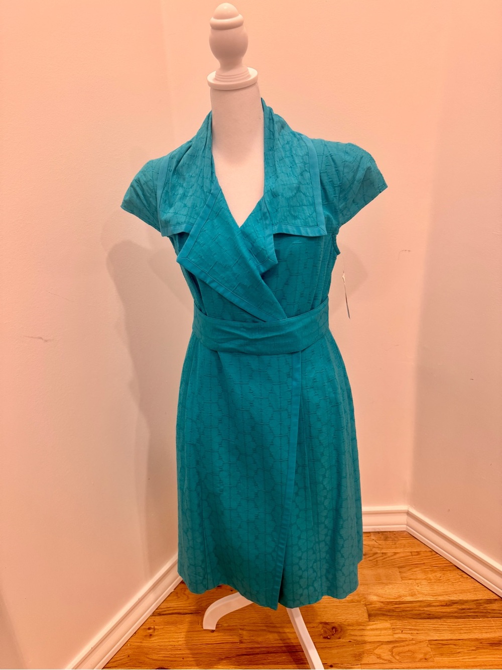 Etcetera Brand Blue Textured Faux Wrap Silk Midi Dress - Size 6 NWT